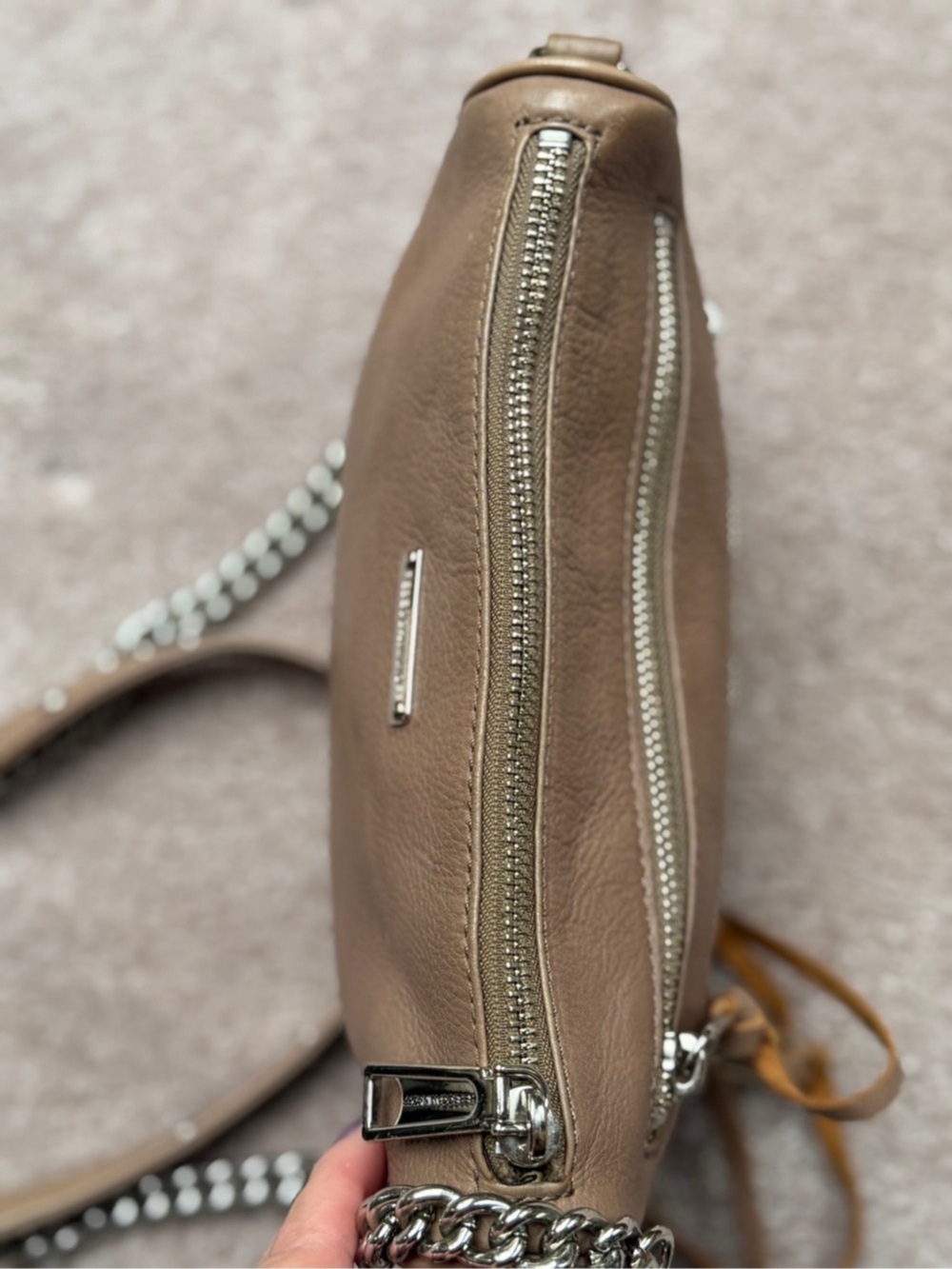 Rebecca Minkoff Shiny Mauve Pink Chain Crossbody Bag Studded Bottom Zipper - Picture 6 of 16